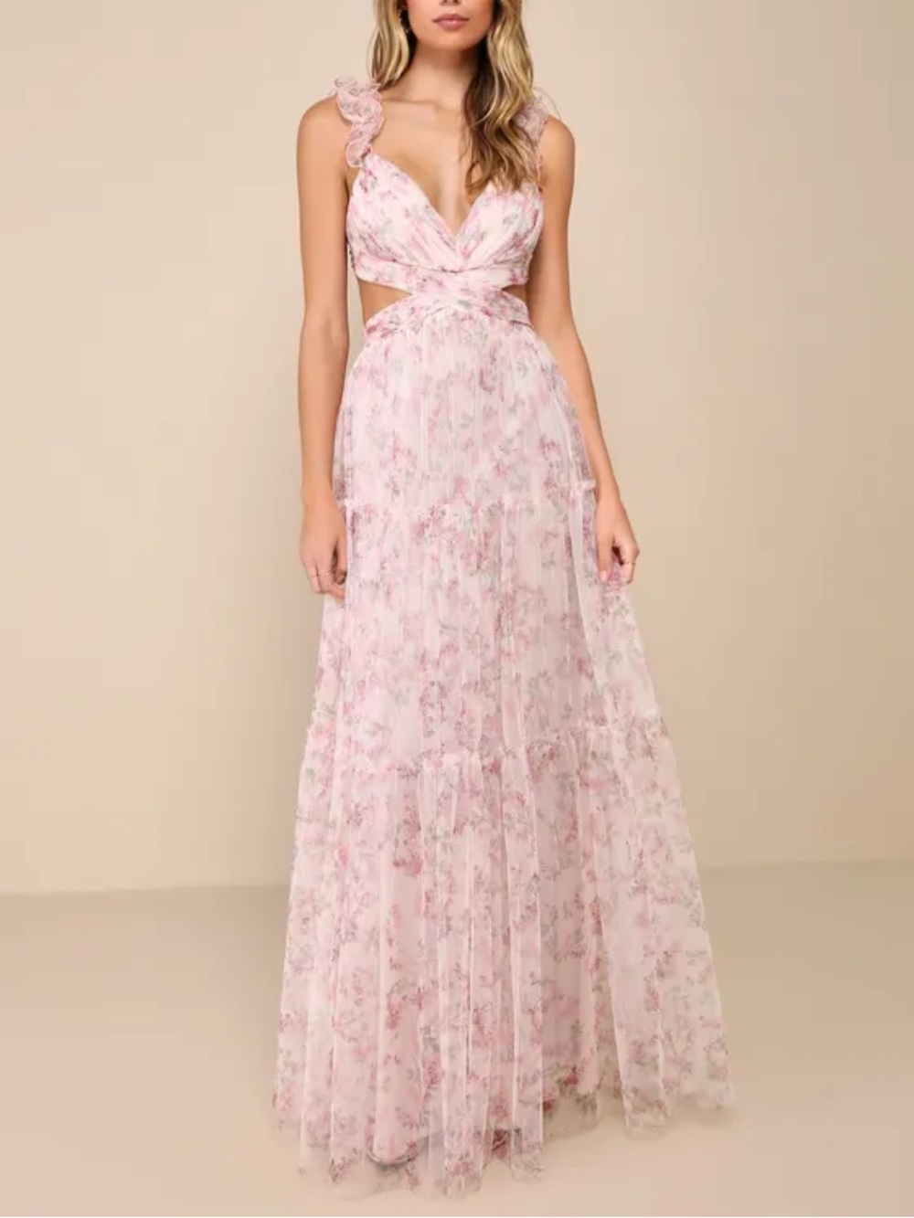 Lulu's Blush Pink Floral Twist-Cut Maxi Dress